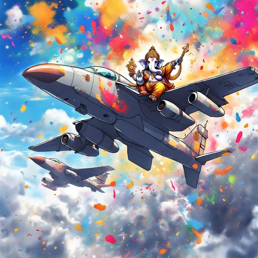 Ganesha Above Military Aircraft in Anime Style