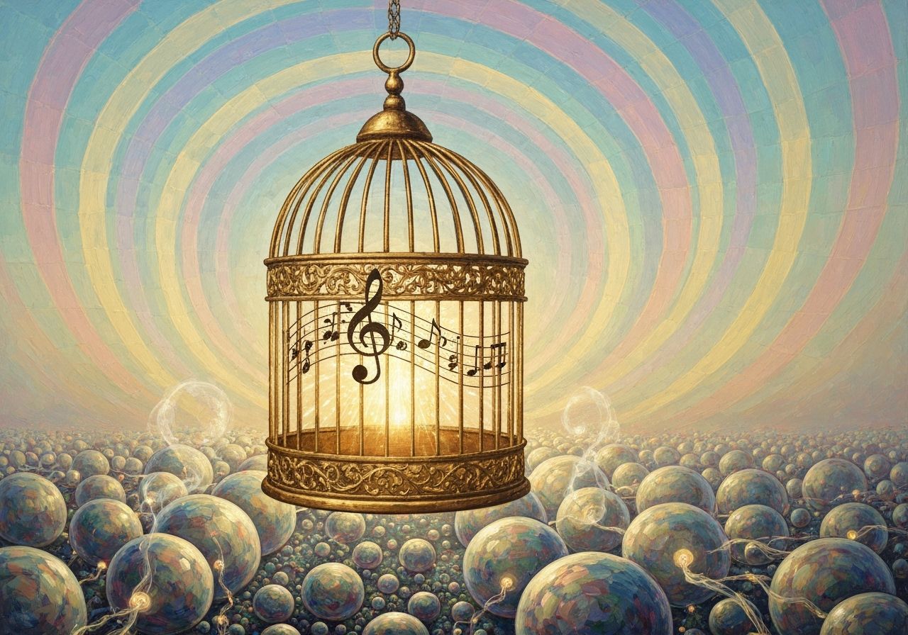 Gilded Steampunk Birdcage in Surreal Landscape