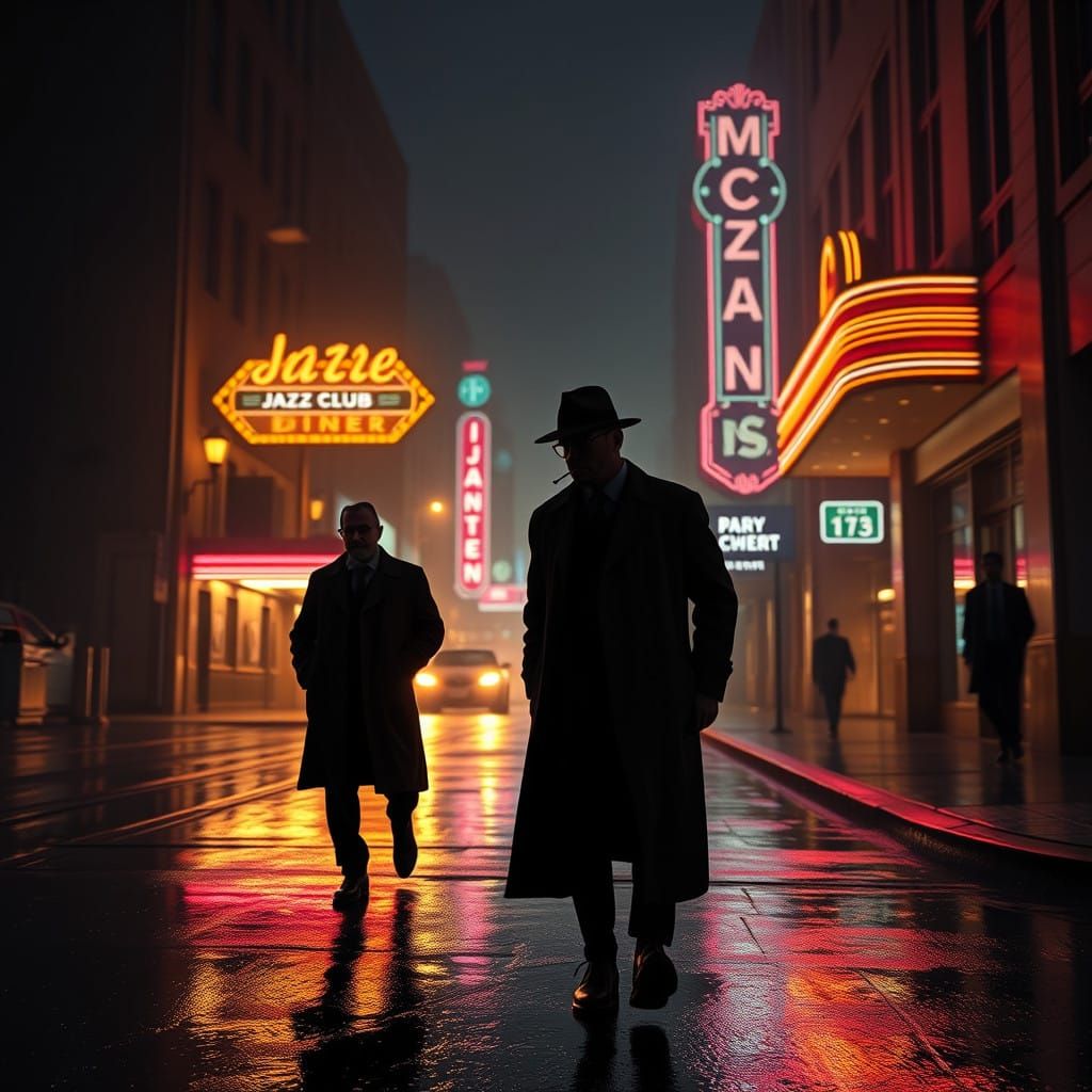 Men in Trench Coats Stroll Under Neon Signs in Film Noir Sty...