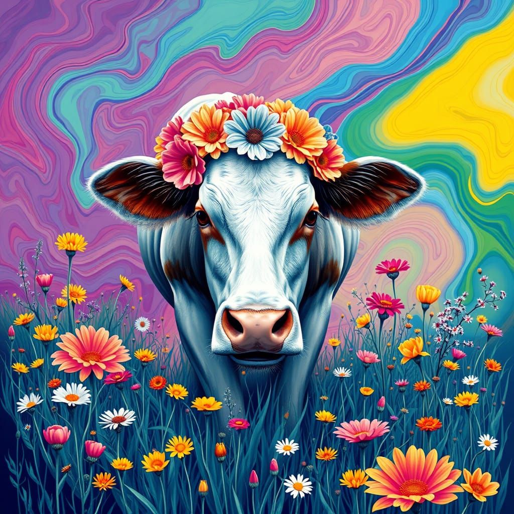 Psychedelic Cow Grazing in Wildflower Meadow