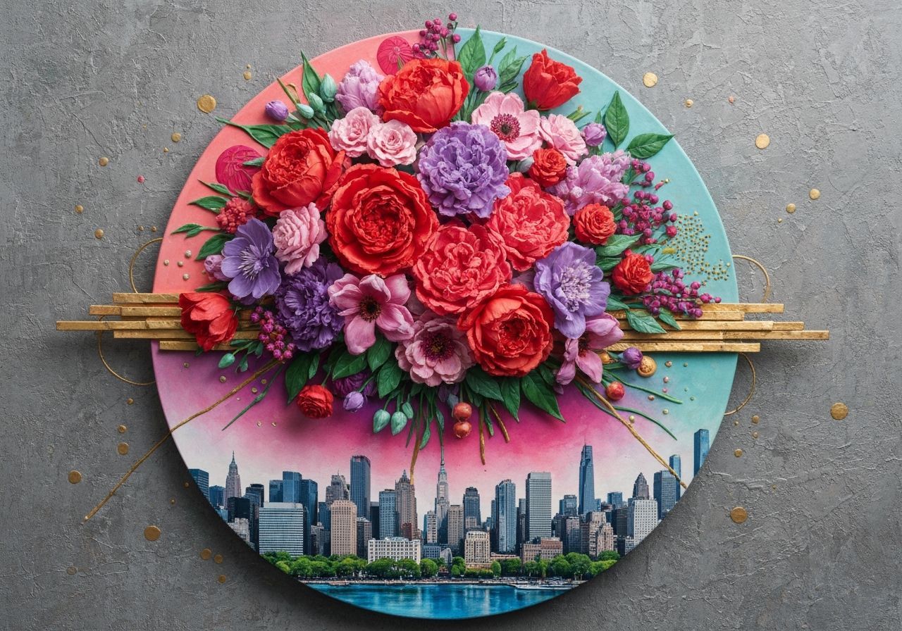 Floral Cityscape with Abstract Art and Gold Accents