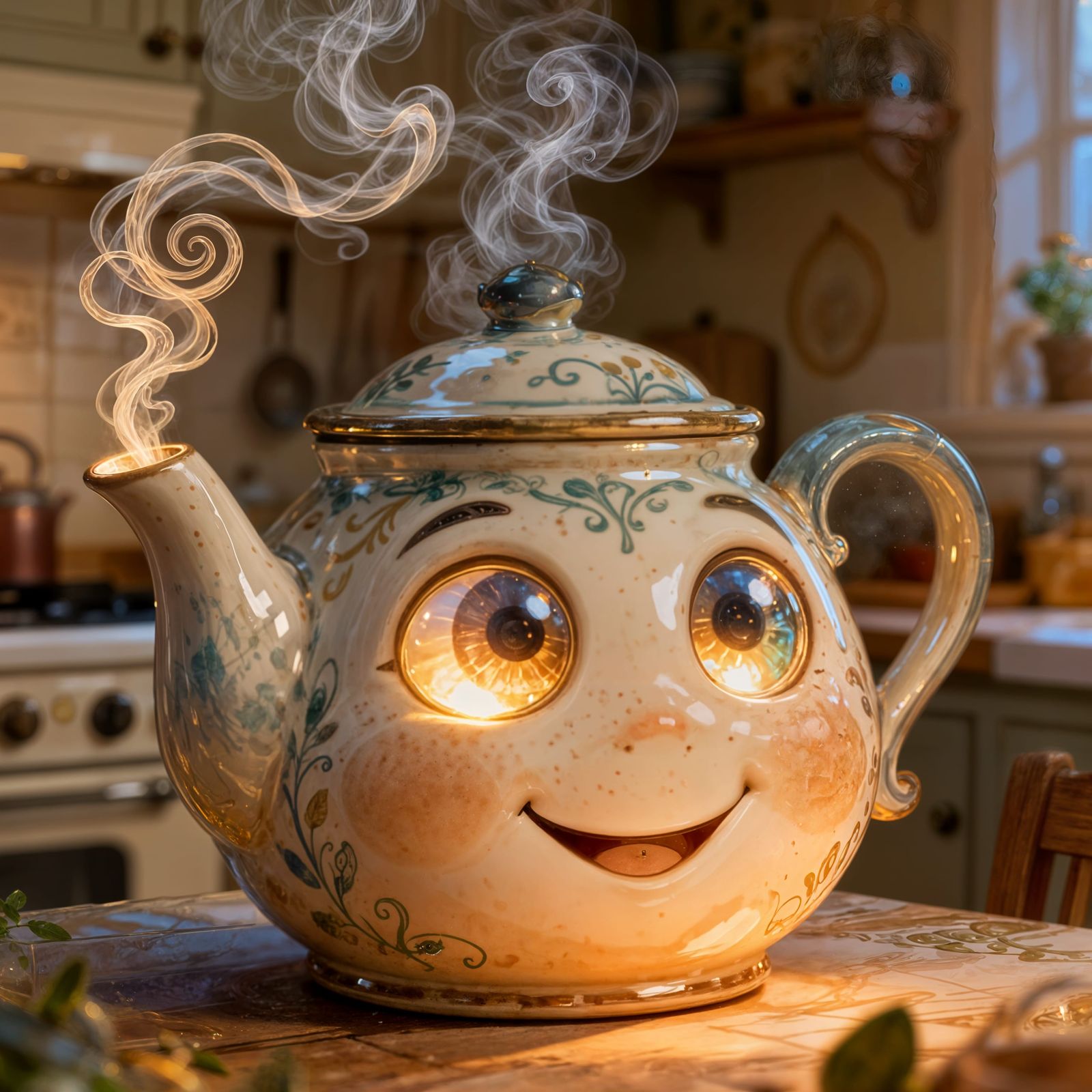 Smiling Teapot with Exaggerated Eyes and Curling Steam