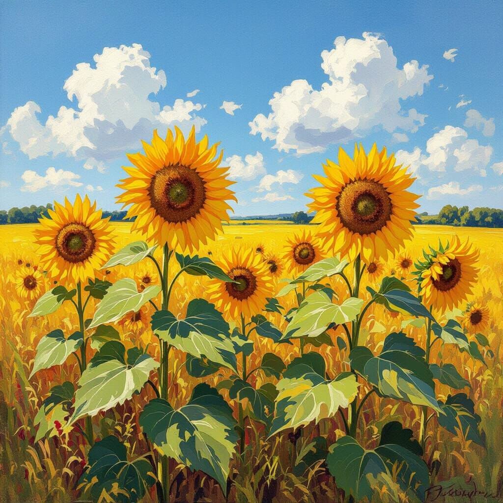Sunflowers in Golden Field, Impressionist Style
