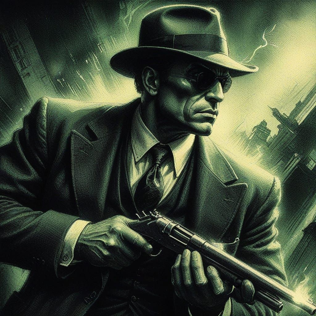 Legendary Green-Tinted Crimefighter in Charcoal Art