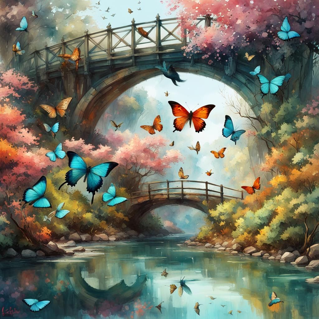 Fantasy Spring Scene with Butterflies in Watercolor Style