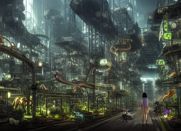 Dystopian Jungle City with Mechanical Servants