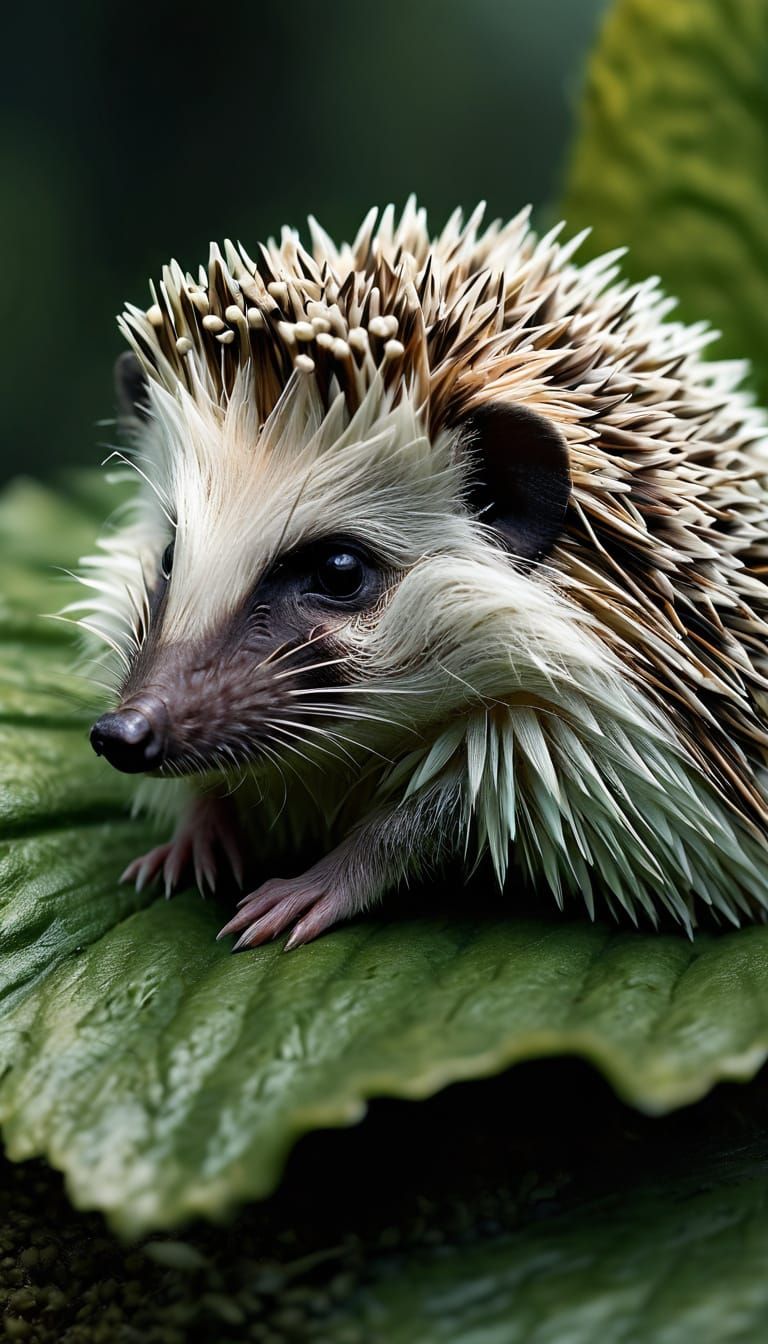 Cute Baby Hedgehog on Vibrant Green Leaf in Macro Photograph...