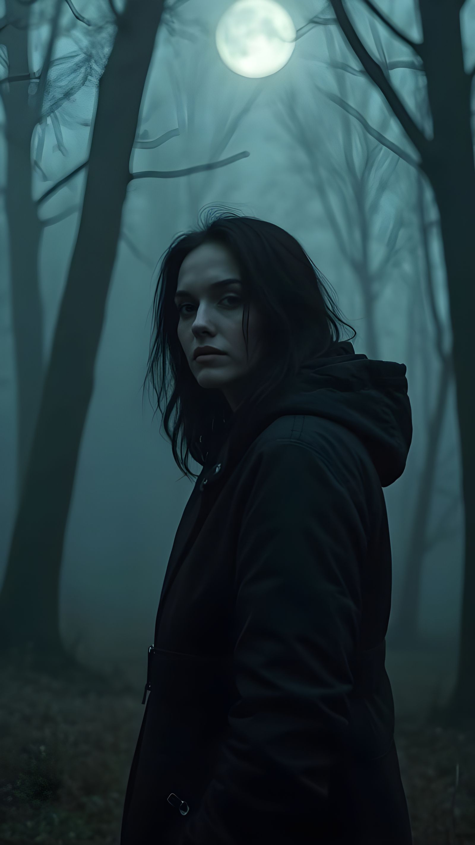 Beautiful Woman in Misty Forest: Photorealistic Noir