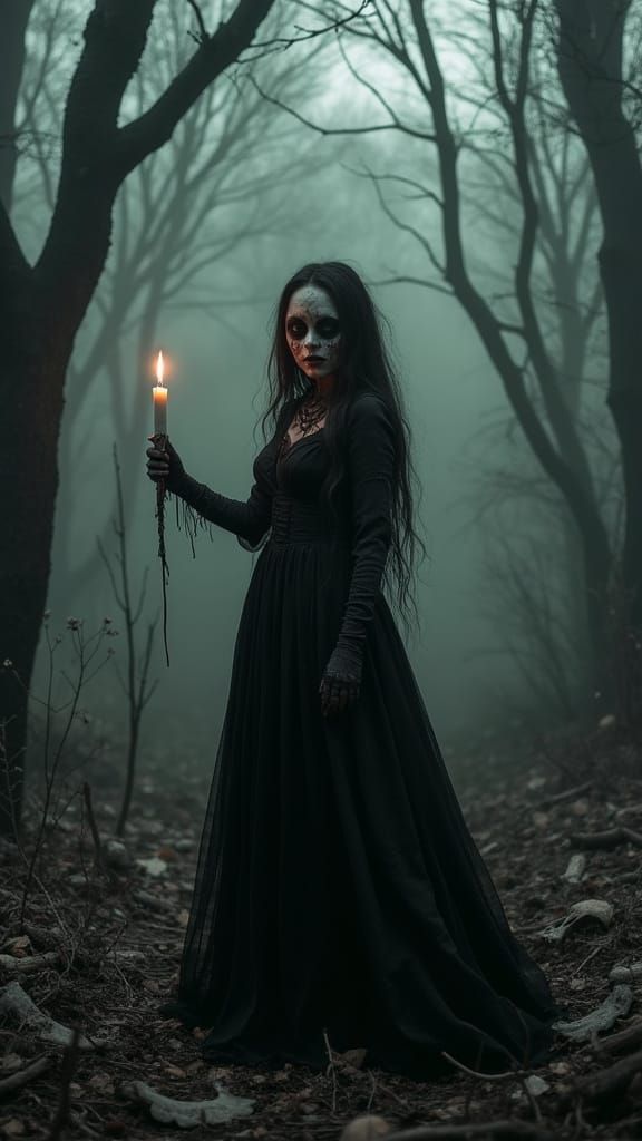 Spectral Woman in Cursed Forest: Dark Horror Style