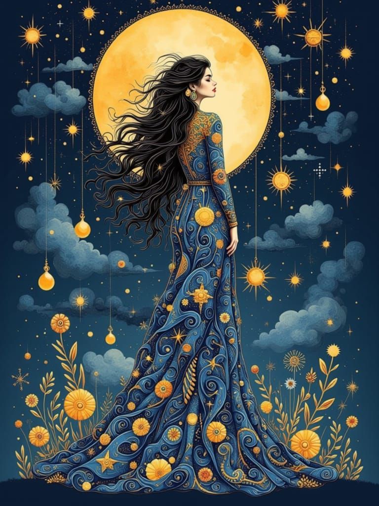 Surreal Constellation Woman Under a Magical Moon