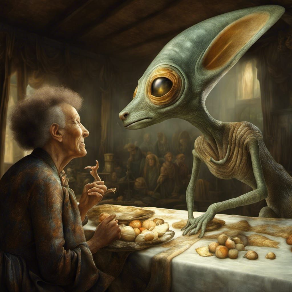 Smiling Alien People and Pets in Surreal Setting