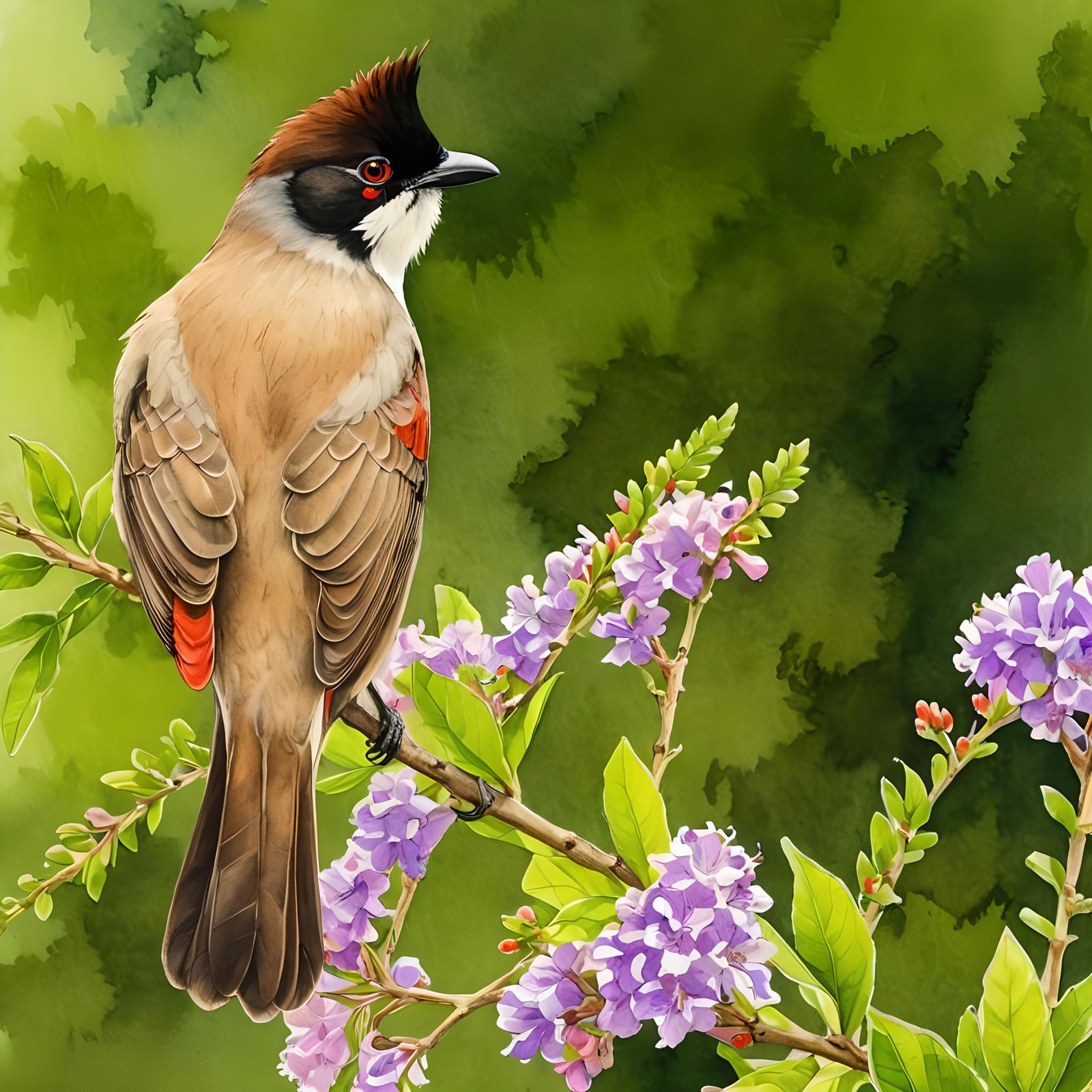 Red-Whiskered Bulbul in Watercolour Line Drawing