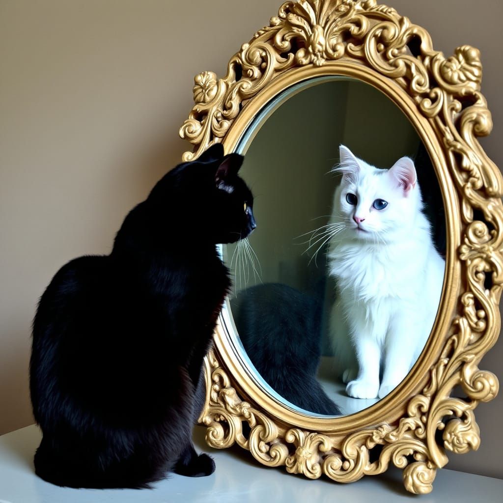 Whimsical Feline Reflections in Antique Mirror