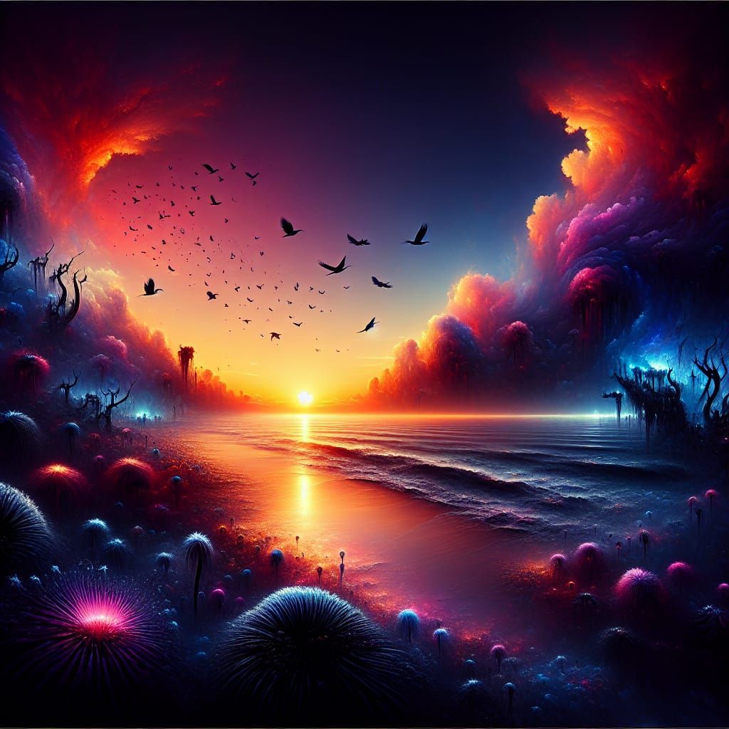 Sunset Beach with Birds and Black Flowers