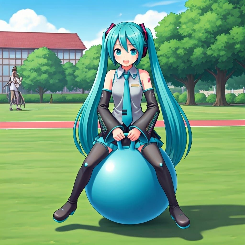 Hatsune Miku Plays on a Giant Hopper Ball at School