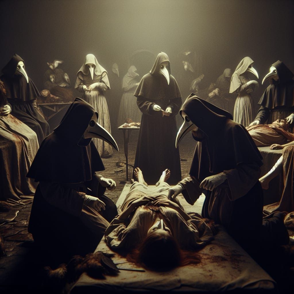 Plague Doctors Tend to Victims in Dark Fantasy Style