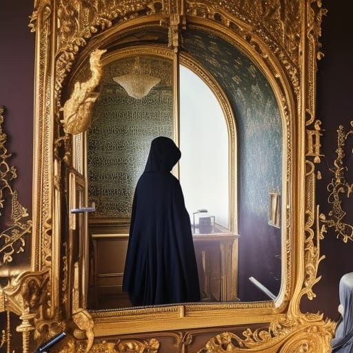 GRIM REAPER TAKING A SELFIE IN A BATHROOM MIRROR