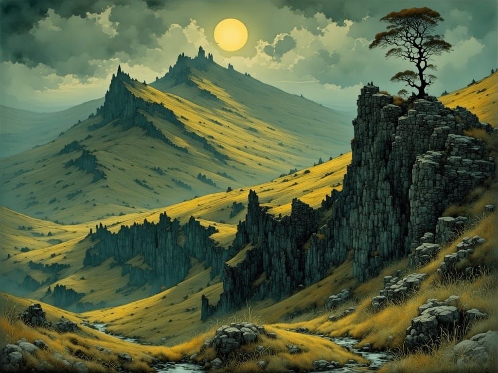 Misty Scottish Highland Landscape with Ancient Stone Walls