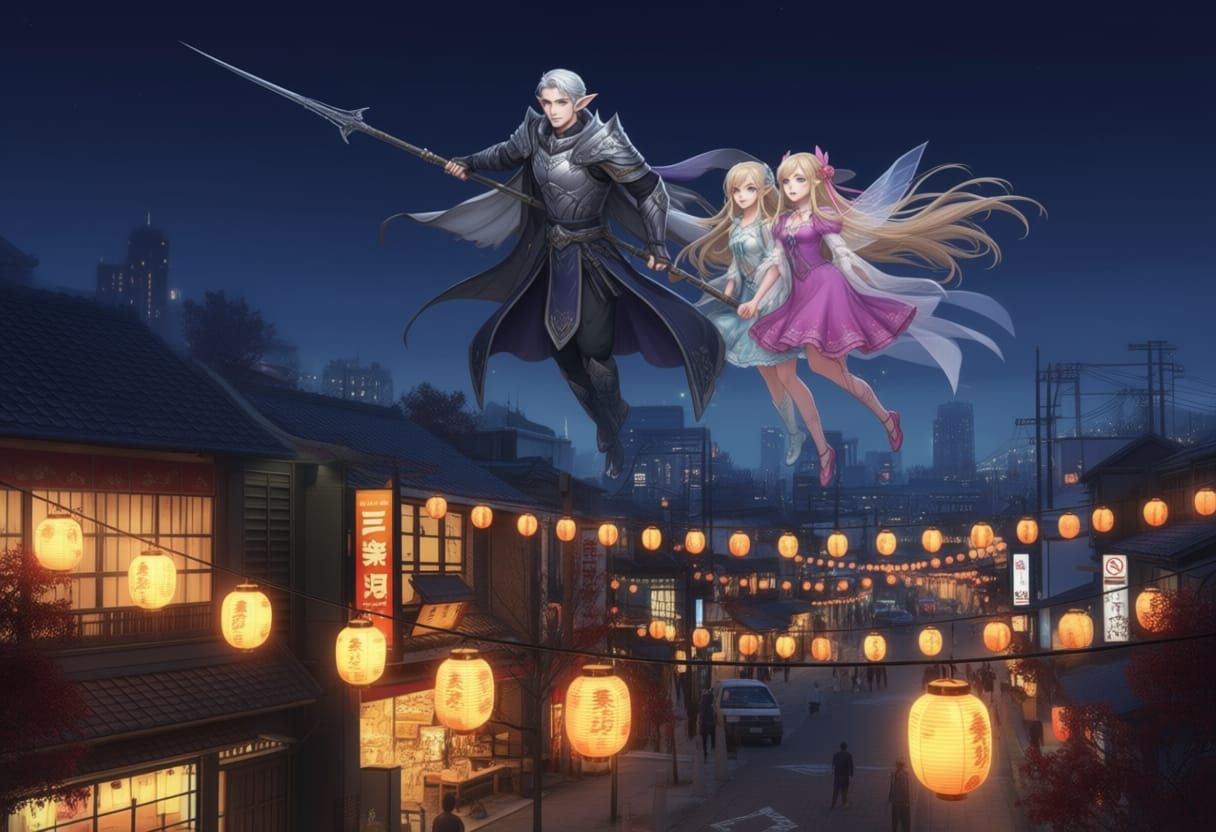 Japanese Cityscape with Elves and Lanterns at Night