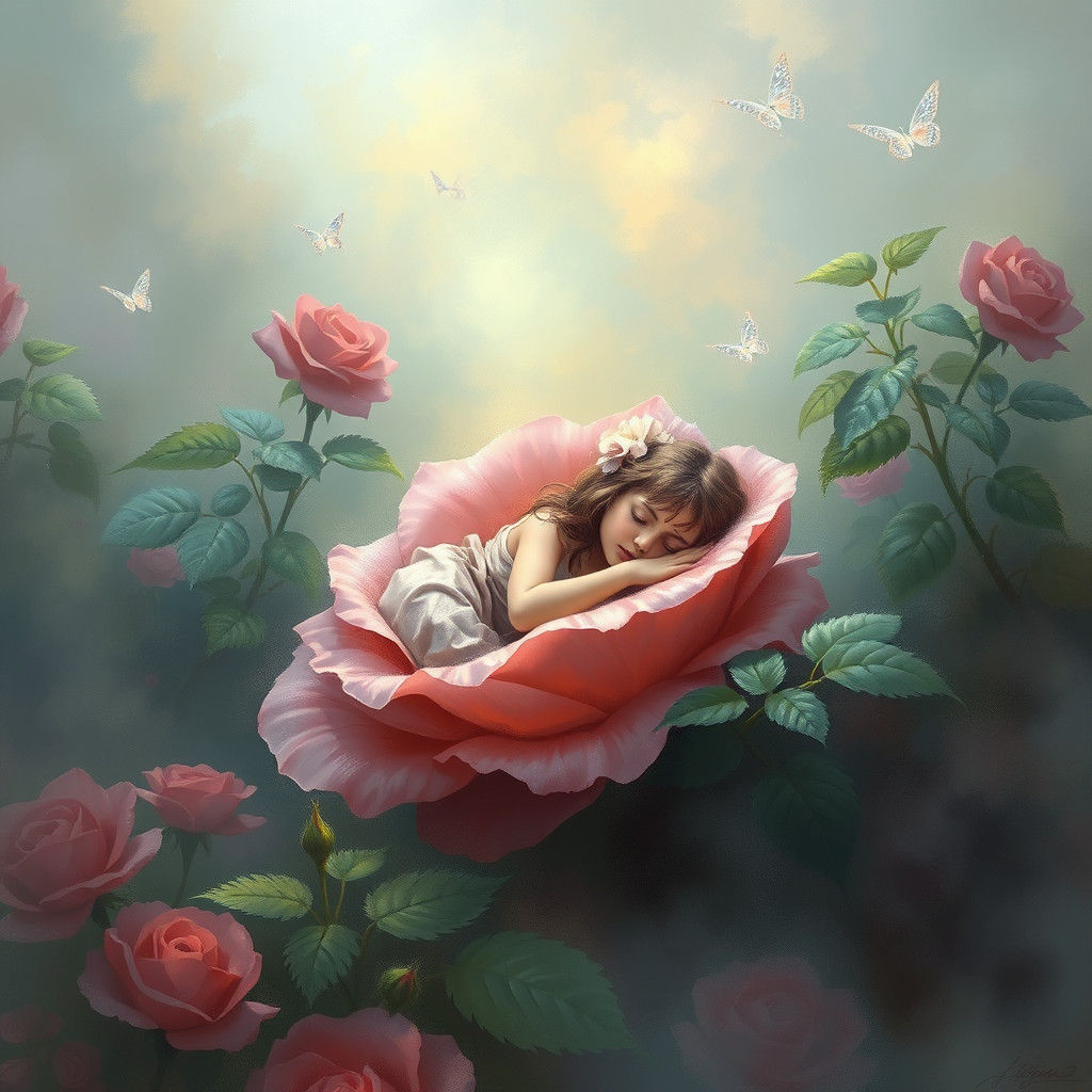 Woman Sleeping in Rose: Ethereal Fantasy Garden