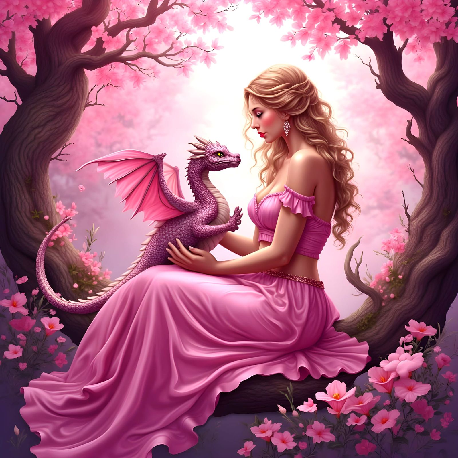 Whimsical Pink Wonderland with Elven Woman and Pet Dragon