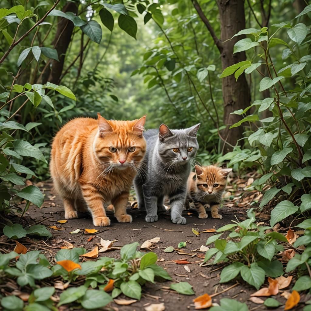 Ginger Cat Teaches Kitten Hunting in Forest
