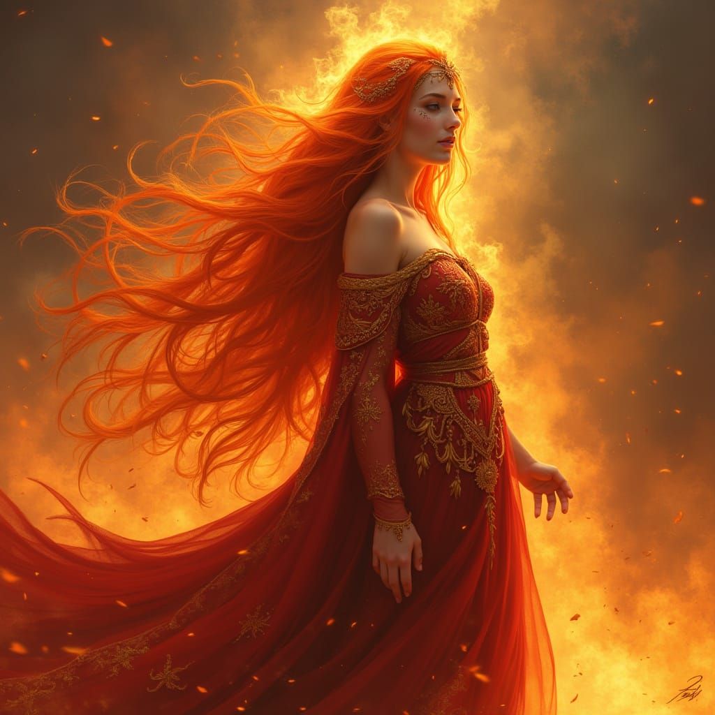 Majestic Fire Goddess in Vibrant Fantasy Style