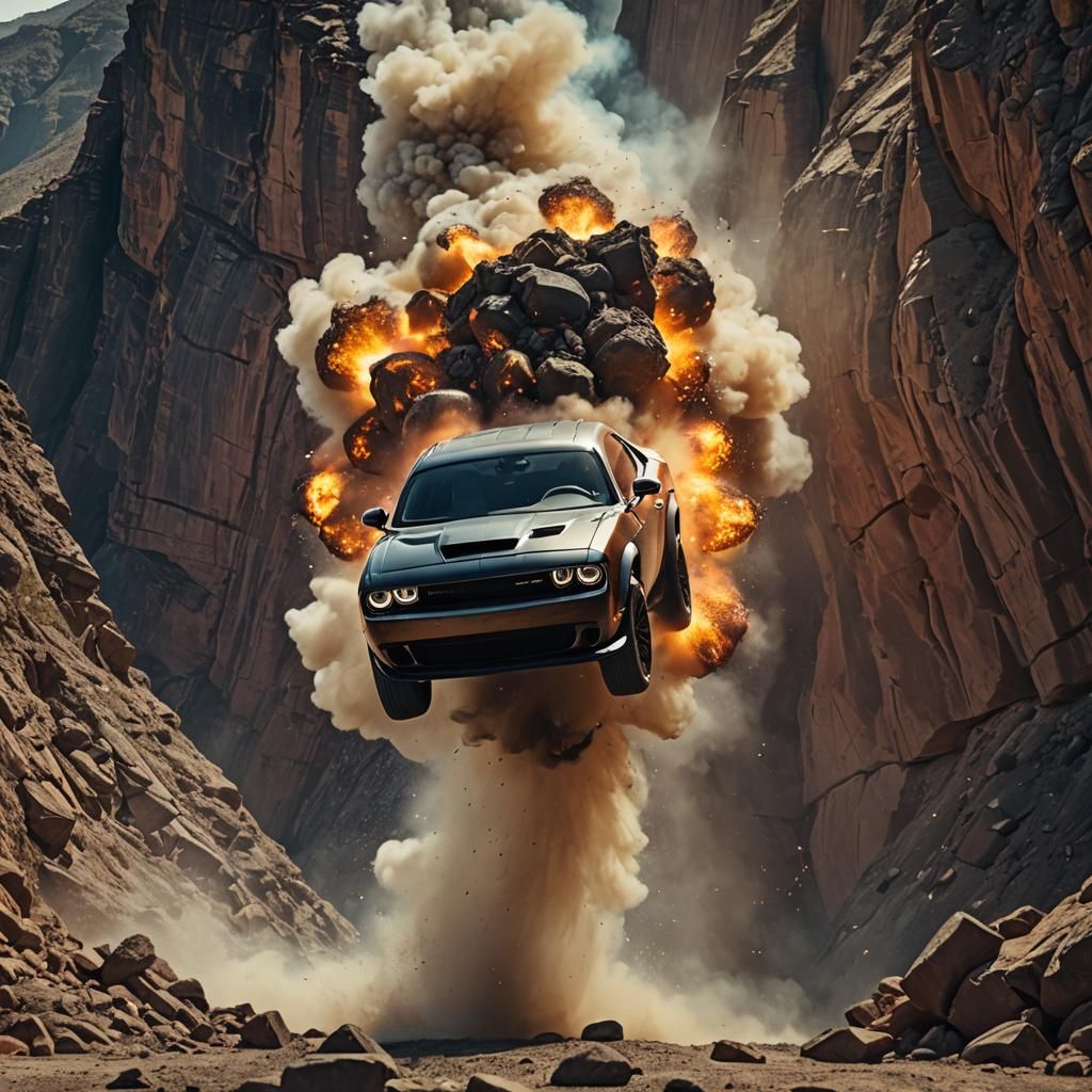 Dodge Challenger Hellcat Jumps from Exploding Cliff