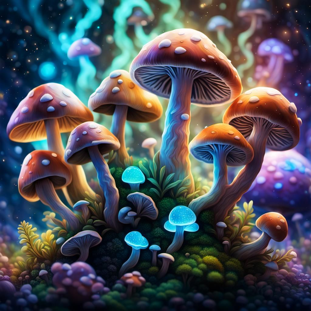 Mushrooms with DNA Strand in Hyperrealistic Garden