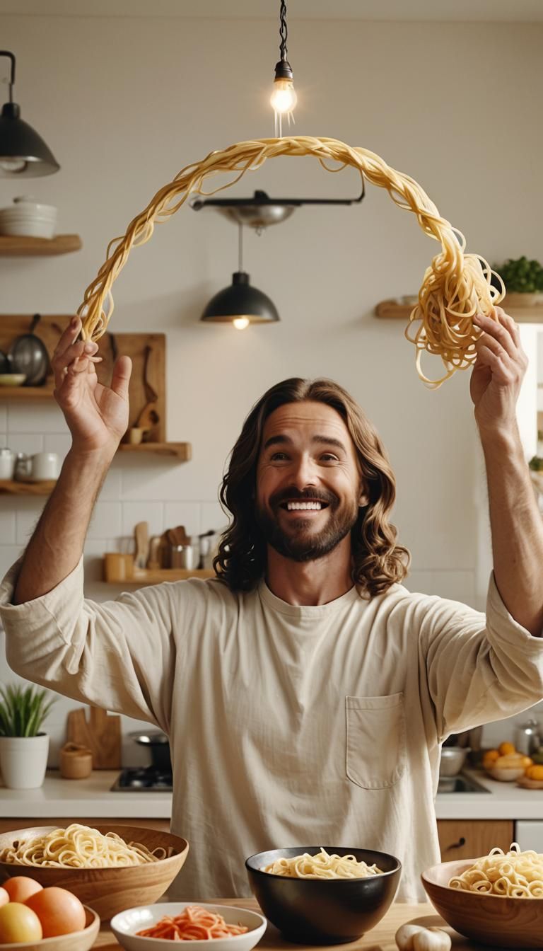 Jesus with Noodle Halo in Warm Kitchen Scene