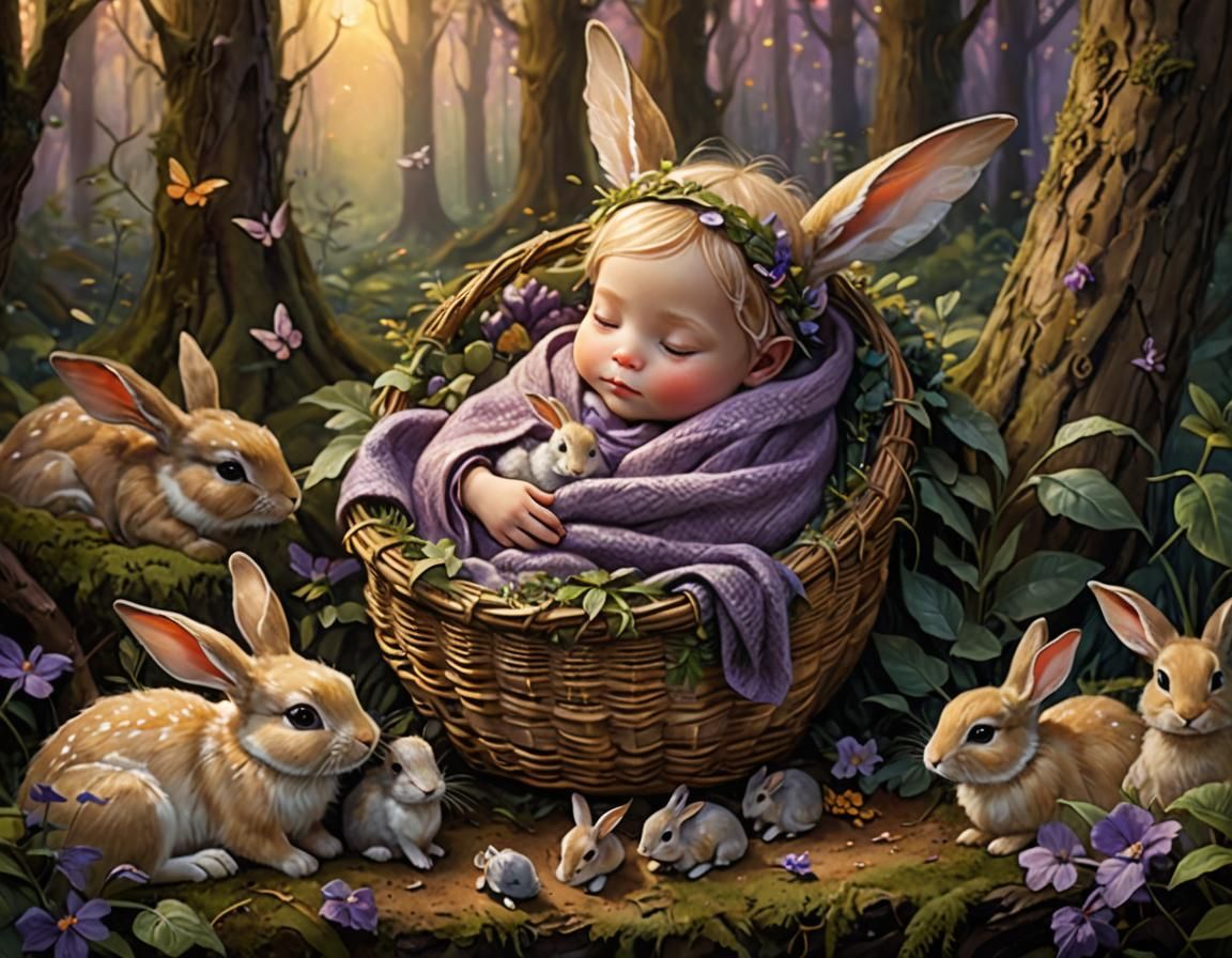 Baby Fairy Asleep with Rabbits in Mystical Forest