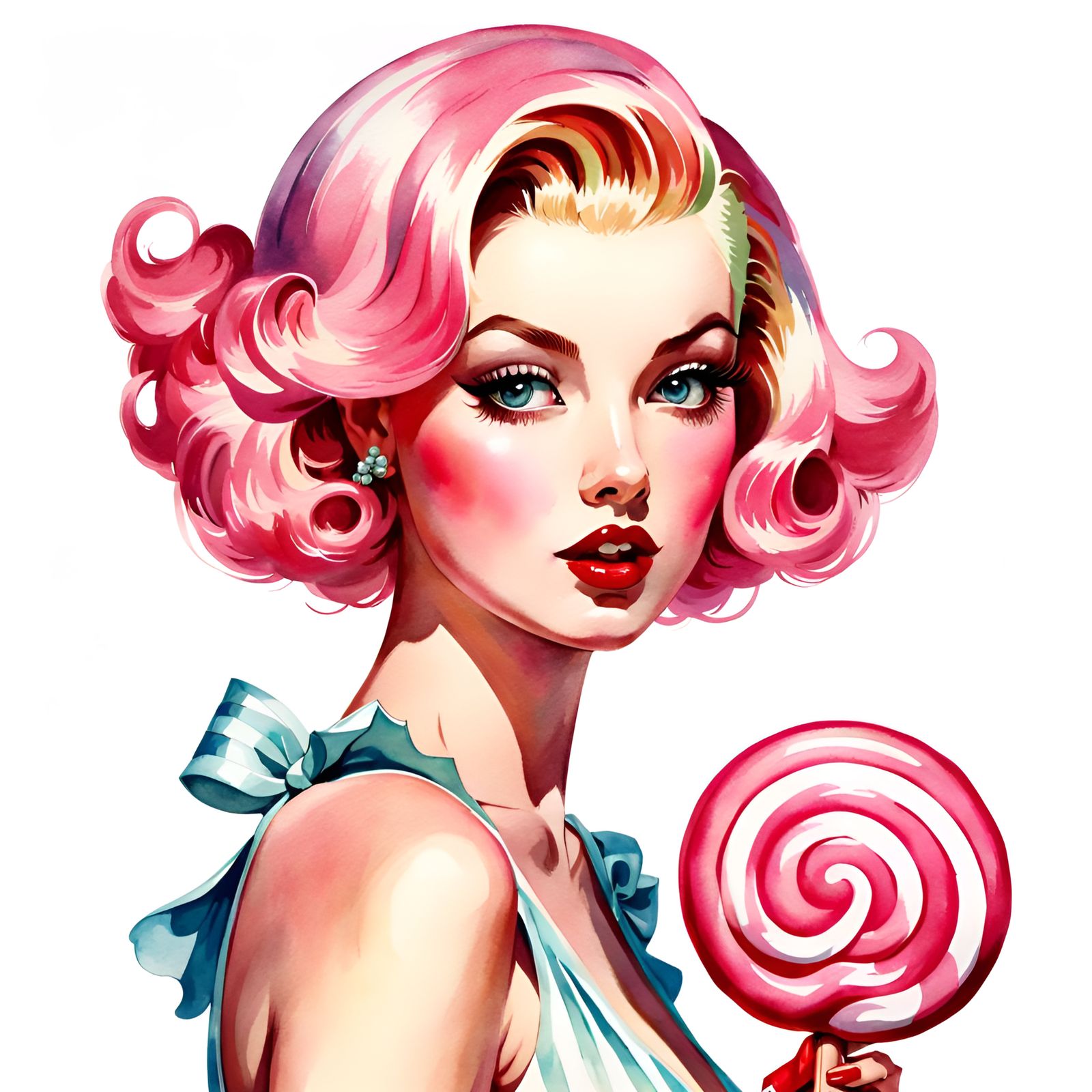 Girl with Lollipop in Watercolor Illustration