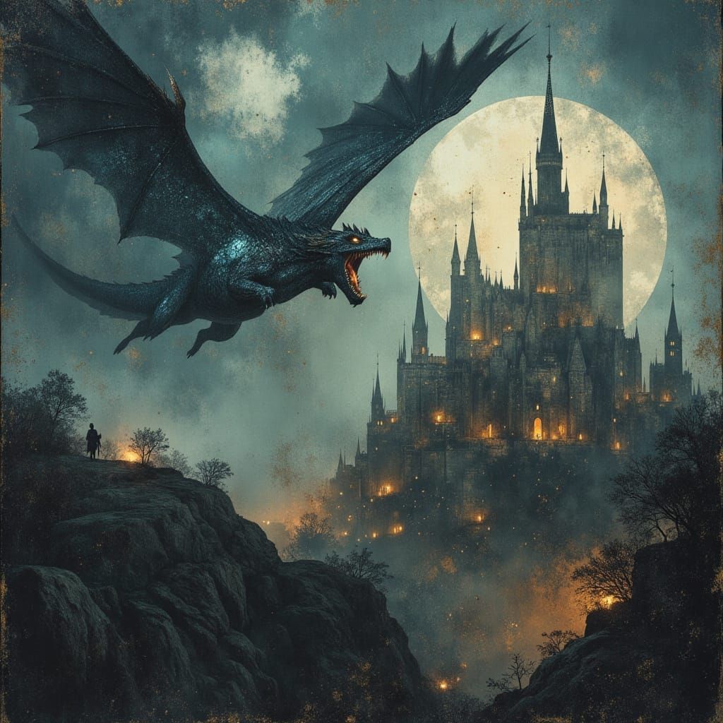 Dragon Over Ancient Castle in Gothic Horror Style