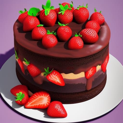 Hyperrealistic Chocolate Fudge Cake with Strawberries