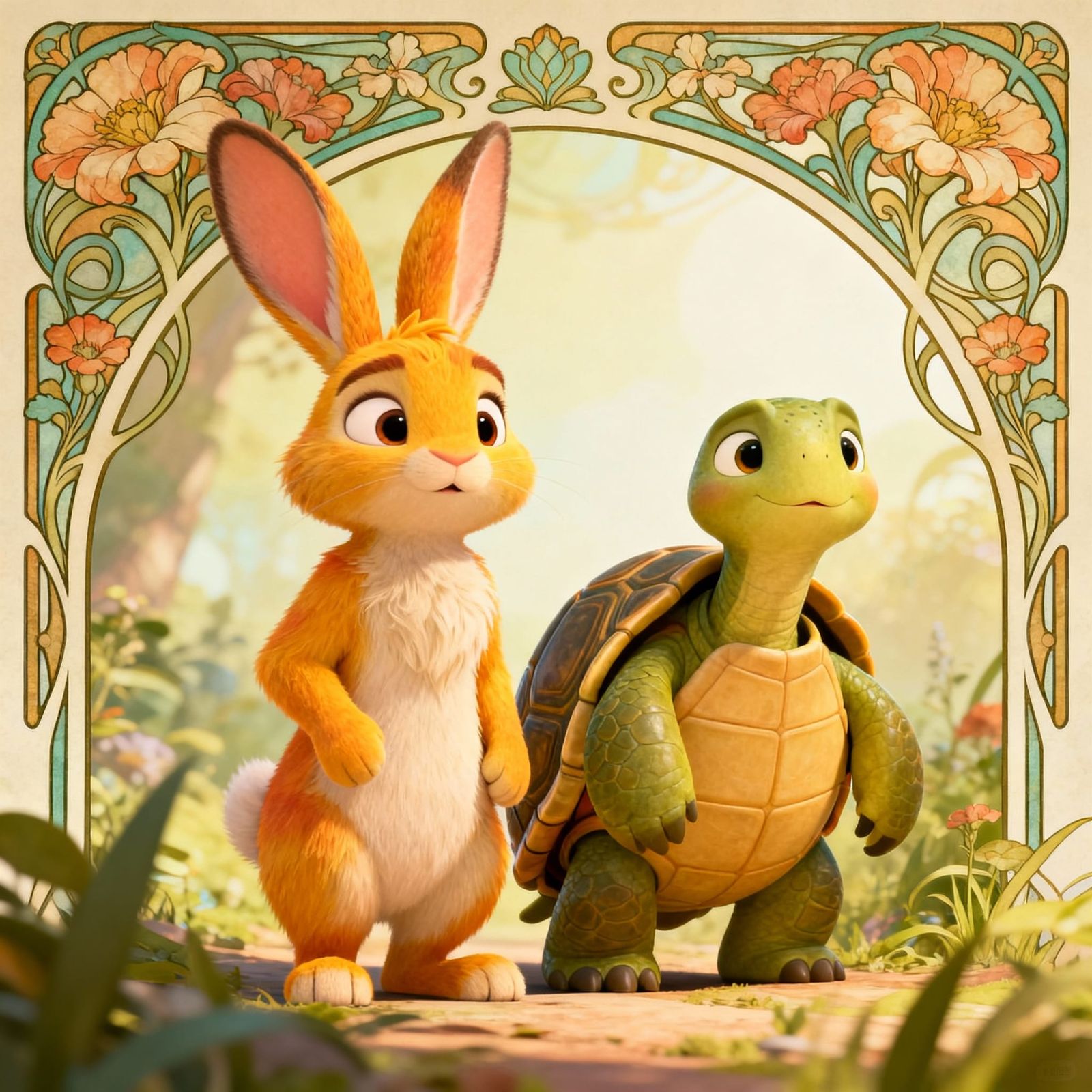 Rabbit and Turtle Fresh Start in Art Nouveau Style