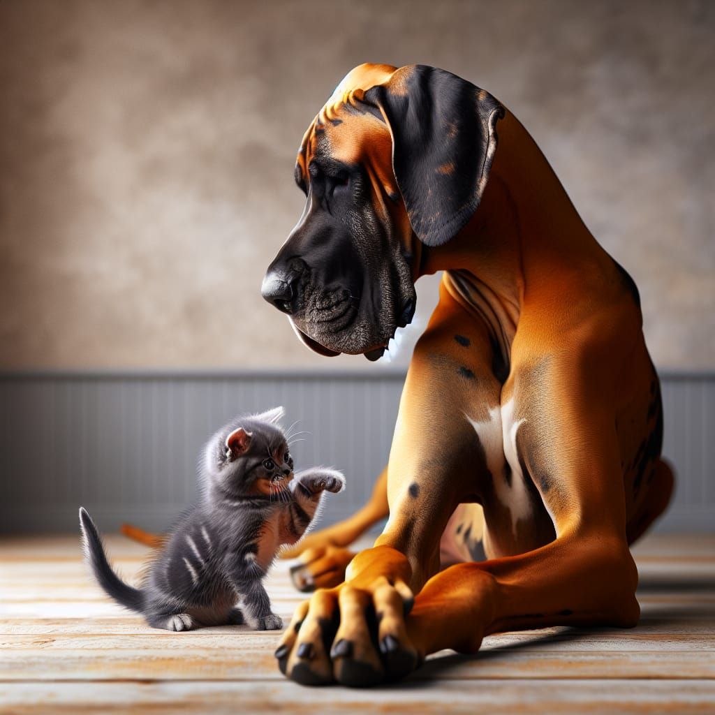Majestic Great Dane Watches Over Tiny Kitten