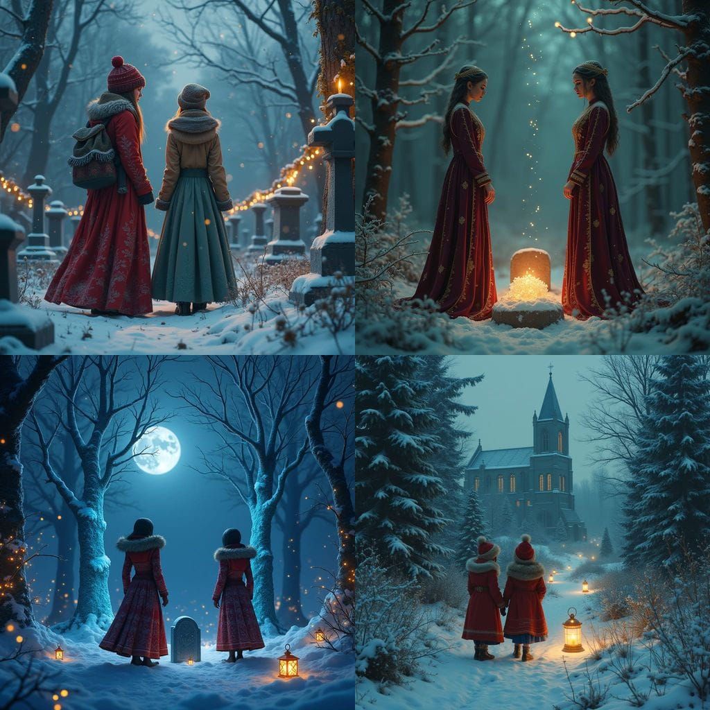 Daughters Visiting Father's Grave on Christmas Eve in a Fant...