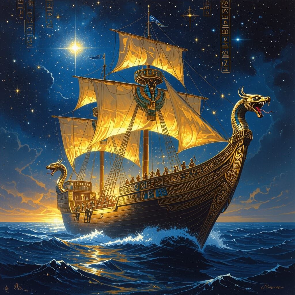 Horus Guides Golden Barque Through Starry Darkness