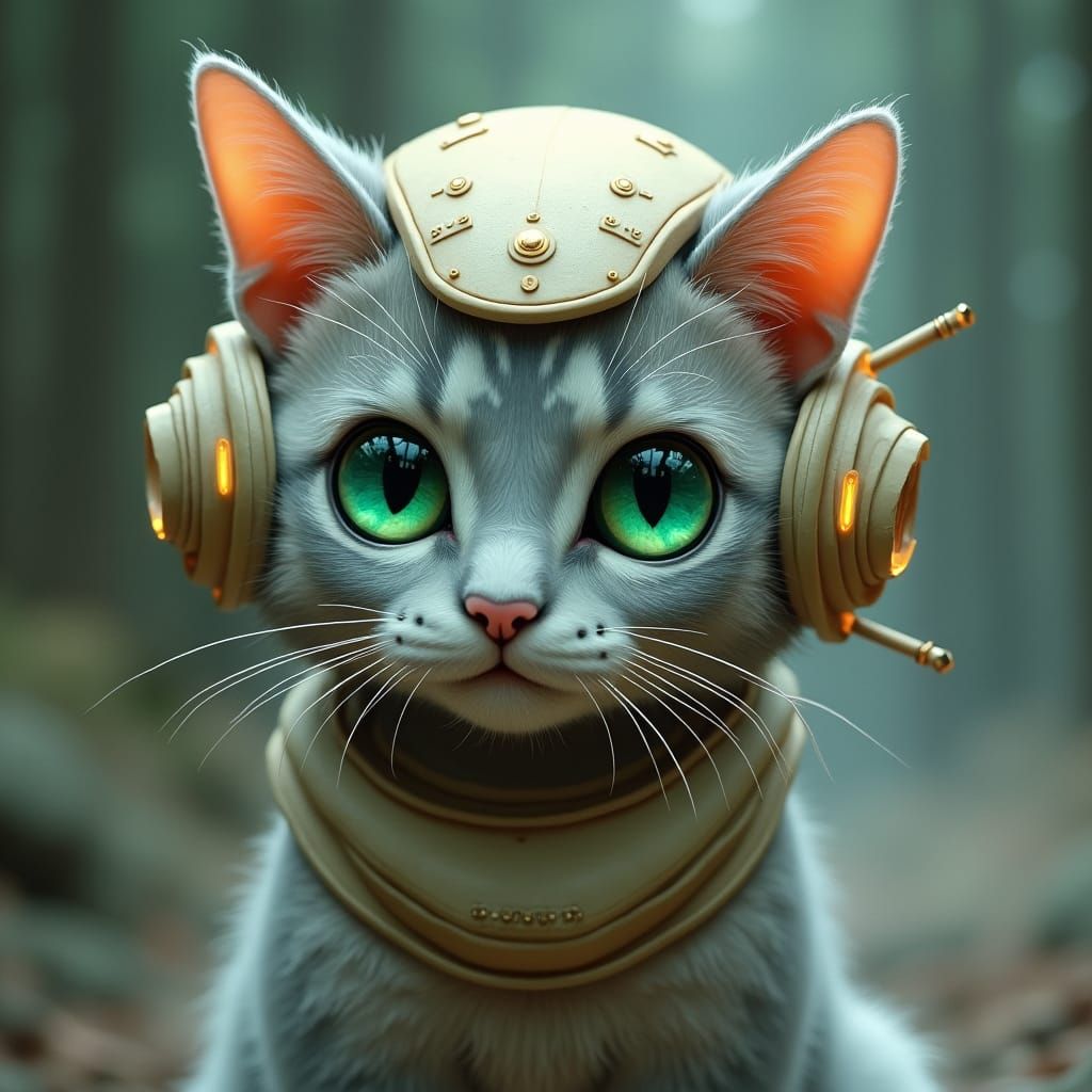 Cat in Isopod Helmet: Biomechanical Sci-Fi Art