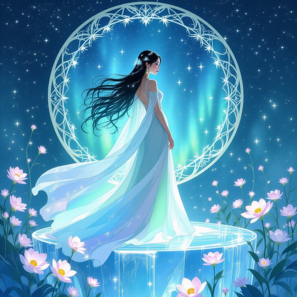 Ethereal Woman in Aurora Gown: Art Nouveau Dream