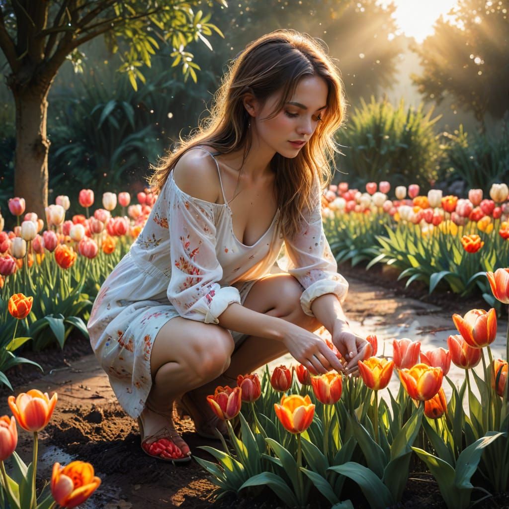 Lady Planting Tulips in Watercolour Style