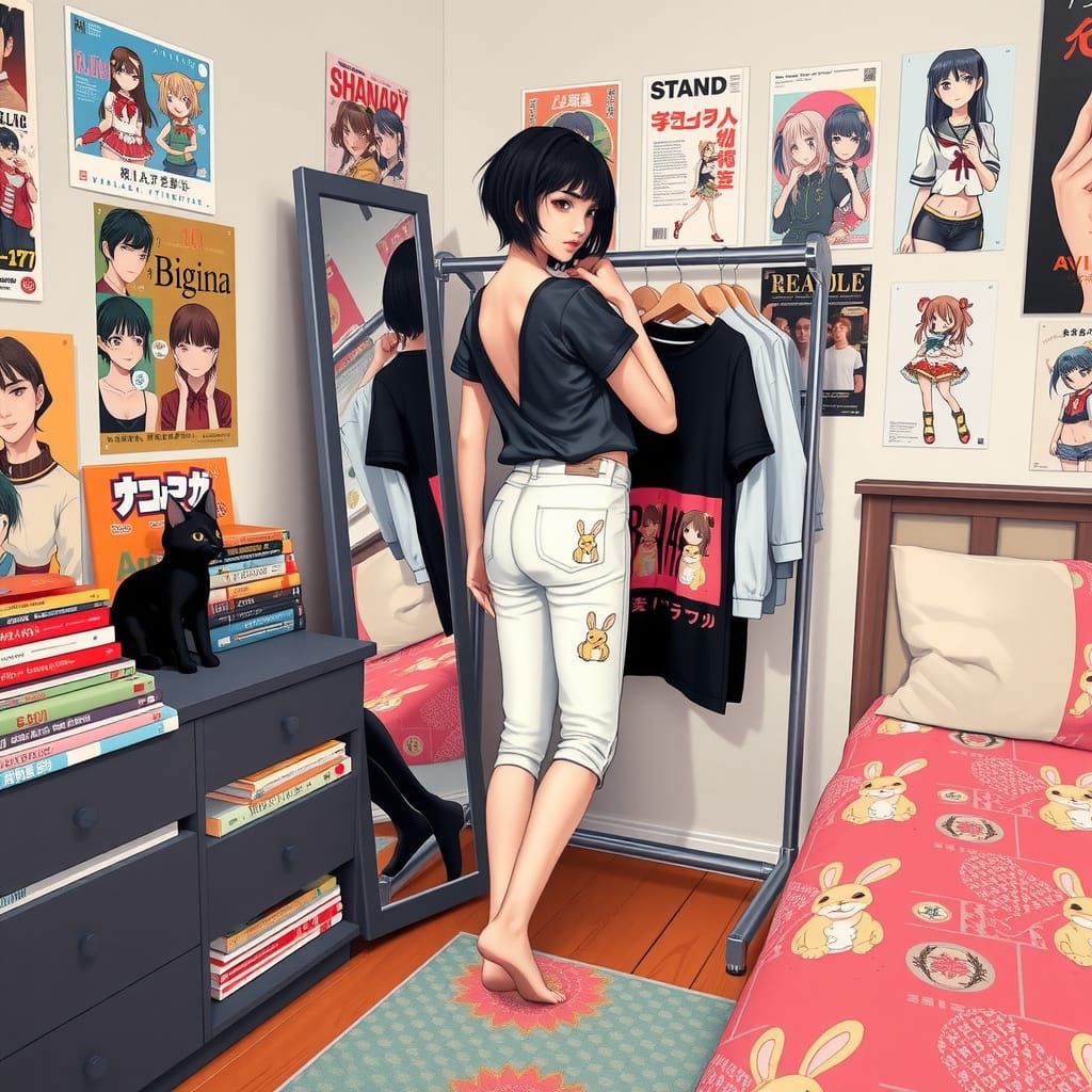 Japanese Pop Culture Inspired Female in Cozy Bedroom with Ot...