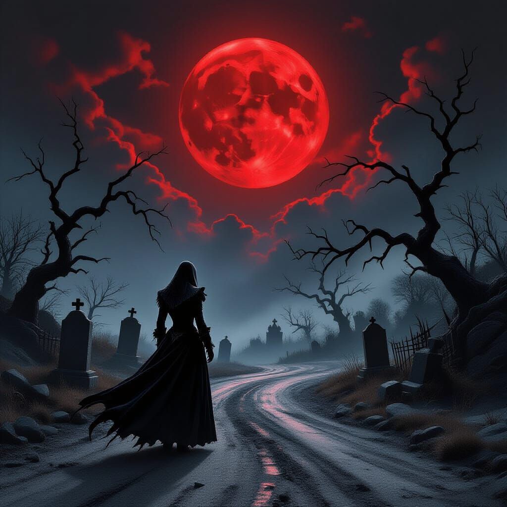 Vampire at Dusty Crossroads Under Blood Moon