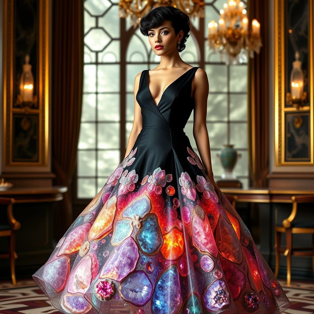 Woman in Geode Dress in Lavish Ballroom