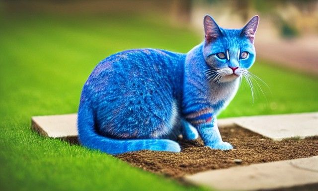 Blue Cat Posing in Unreal Garden on Rainy Day