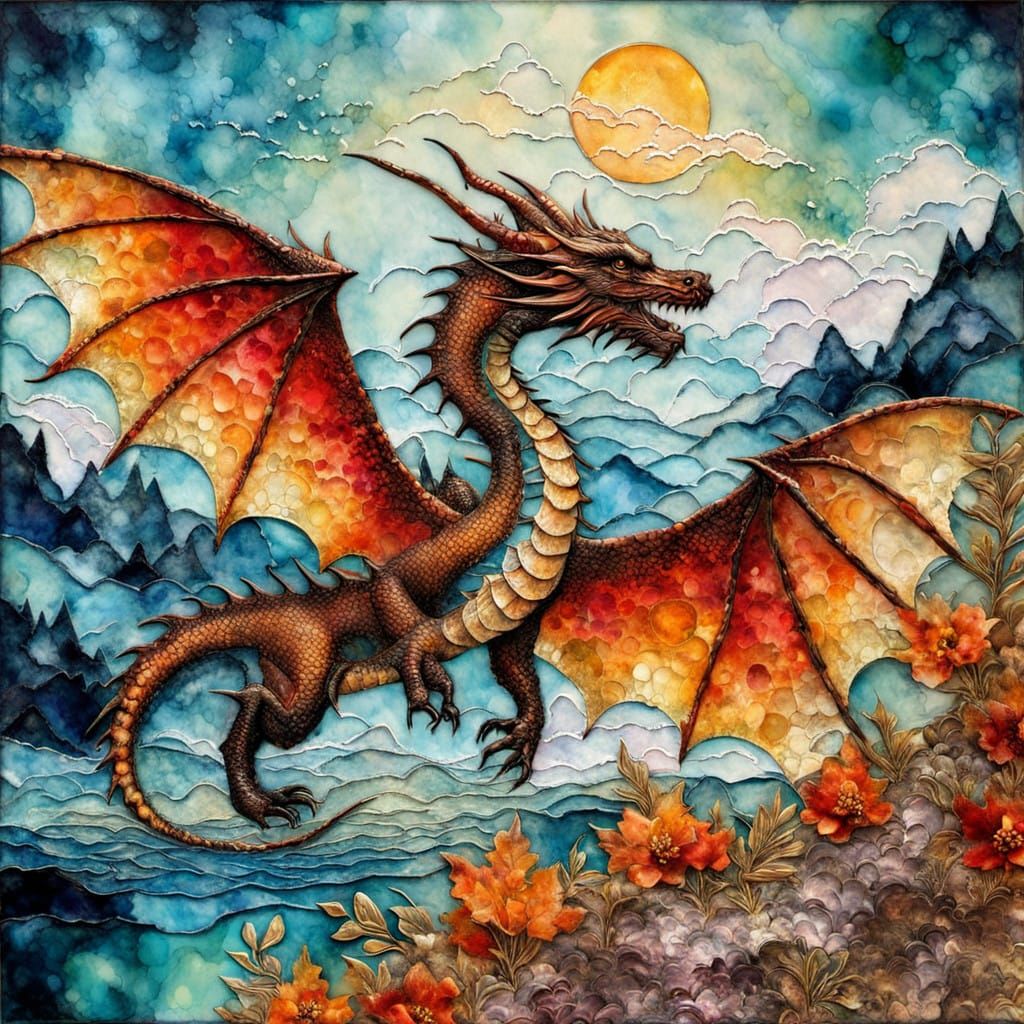 Dragon in Flight, Vibrant Encaustic Masterpiece