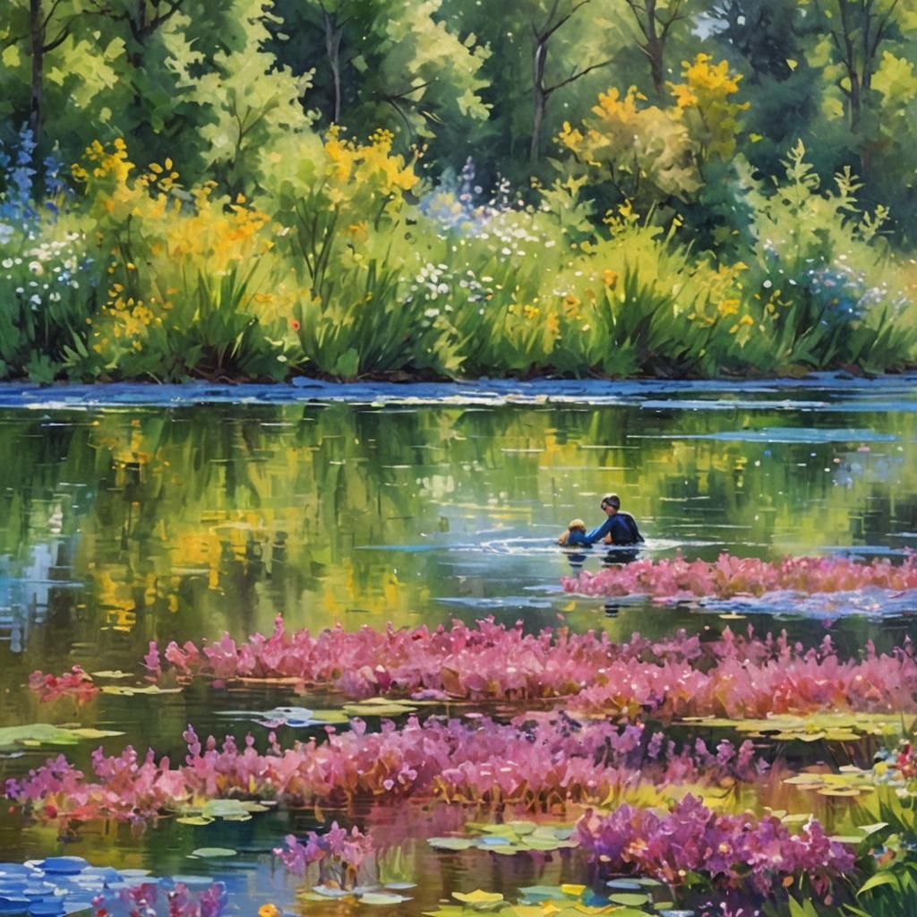 Impressionist Lake Scene with Swimmers