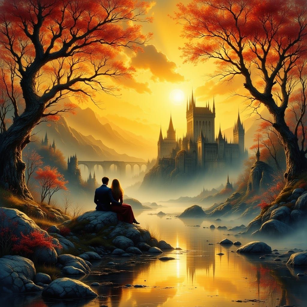 Romantic Sunset Scene at Ruined Castle in Nostalgic Style