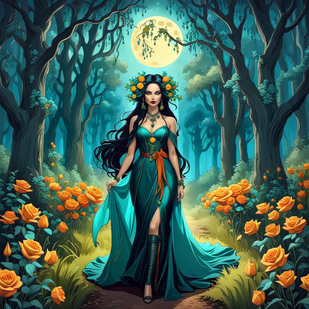 Enchanting Witch in Forest with Moonlit Flowers
