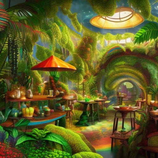 Hyperdetailed Rainbow Cafe in Lush Jungle